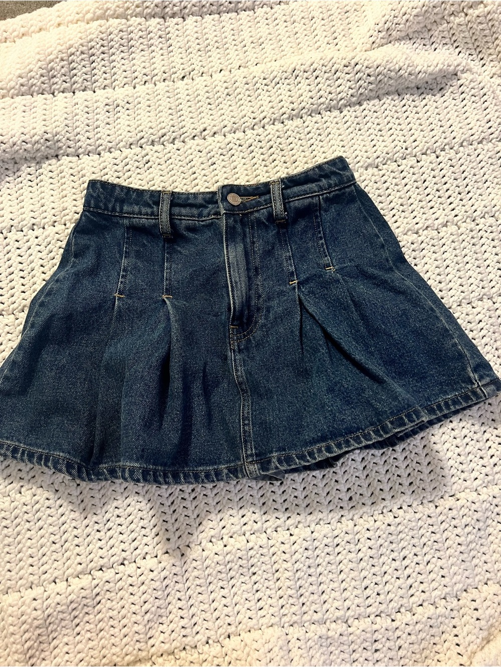 Denim Pleated Circle Skirt in Dark Blue
